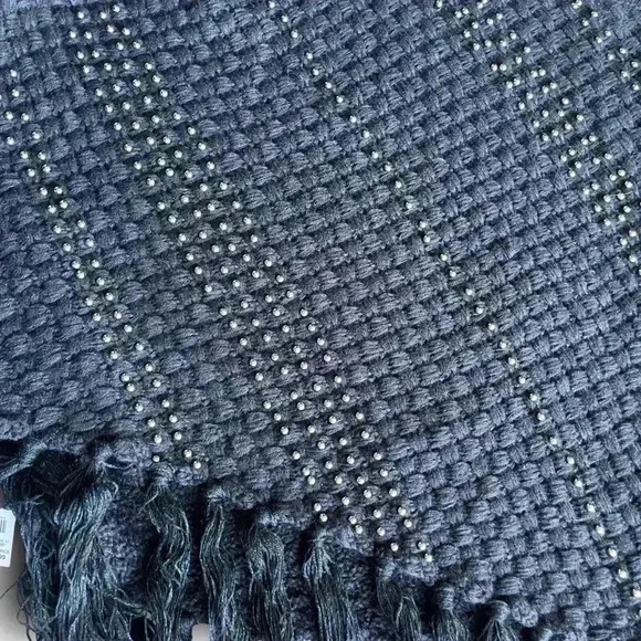 black chunky knit pullover poncho studded fringe sweater turtleneck tassels osfa - Picture 2 of 8